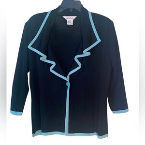 Misook vintage black W/teal trim, 3/4 sleeve blazer, size medium. GUC